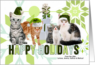 Green Santa Hats on Cats with Snowflakes Custom Happy Holidays card