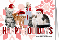 Holiday Cats in Red Santa Hats with Pink Snowflakes card