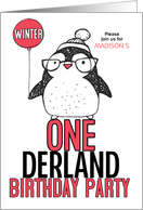 Winter ONEderland 1st Birthday Party Invitation Pink Penguin card