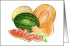 Watercolor painting of watermelon, cantaloupe, honeydew, Blank card