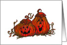 Watercolor painting of two Happy Halloween Pumpkins card