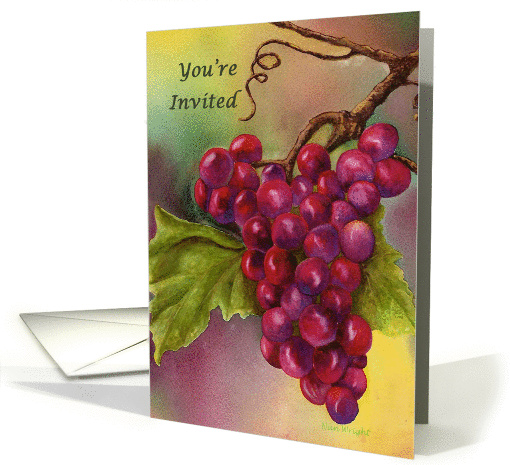Watercolor Painting of Red Grapes on a Wine Tasting Invitation card