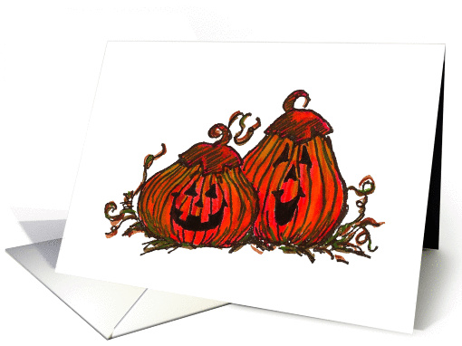 Watercolor painting of two Happy Halloween Pumpkins card (466538)