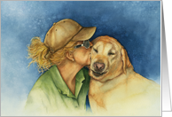 A Lady with her best friend, a Golden Labrador Dog blank card