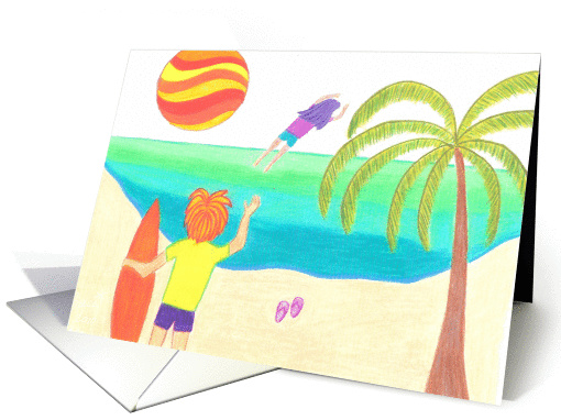 Sorry! girl flying away, surfer boy, beach card (779858)