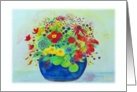 Note Card, Blue Pot Full of Summer Flowers, Watercolor Reproduction card