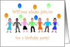Group, Invitation, Birthday Party with Colorful People and Balloons card