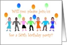 Invitation, 50th Birthday Party with Colorful People and Balloons card