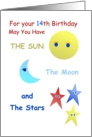 Happy 14th Birthday, Sun, Moon, and Stars card