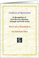 American Hero, Thank You, Certificate of Appreciation card