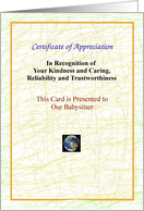 Babysitter, Thank You, Certificate of Appreciation card