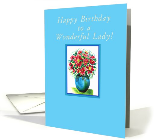 Happy Birthday, Lady! Red Flowers in a Blue Vase card (783715)