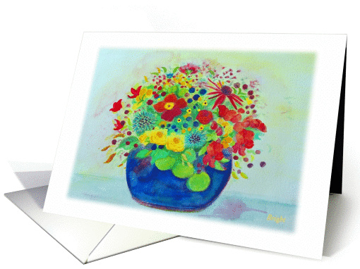 Note Card, Blue Pot Full of Summer Flowers, Watercolor... (792945)