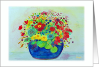 Note Card, Blue Pot Full of Summer Flowers, Watercolor Reproduction card