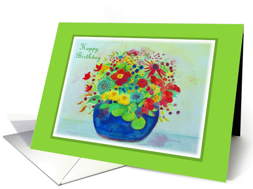 Happy Birthday, Blue Pot Full of Flowers, blank inside card (799805)