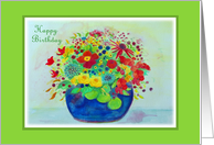 Happy Birthday, Blue Pot Full of Flowers, blank inside card