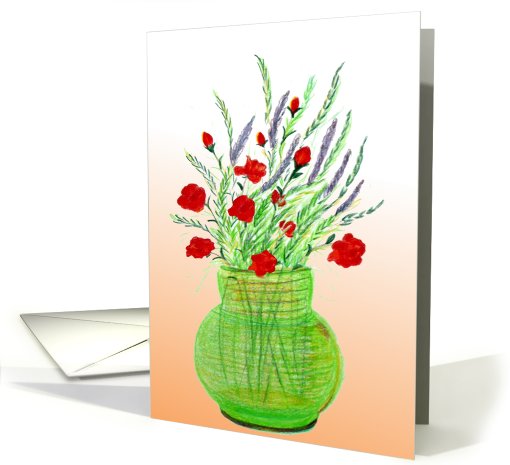 Note Card, Lavender and Roses in Green Glass Vase,... (810576)