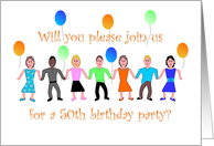Invitation, 50th Birthday Party with Colorful People and Balloons card