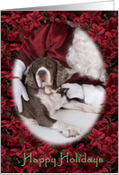 Happy Holidays - featuring an English Springer Spaniel with Santa surrounded by Poinsettias card