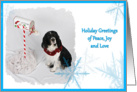 Holiday Greetings, English Springer Spaniel surrounded by blue snowflakes card