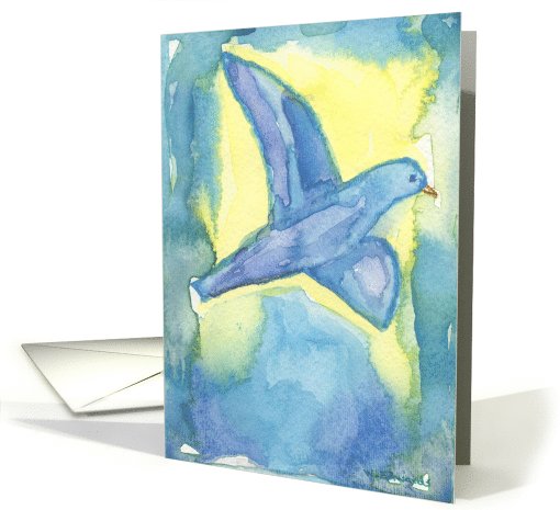 Song Bird Watercolor Painting, Blue Bird in flight, blank note card