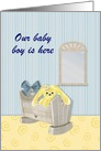 Customizable baby theme, cradle and stuffed bunny card