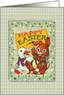 Happy Easter, Bunny Holding Sign with Duck, Vintage card