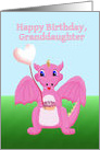 Happy Birthday Granddaughter, Pink Baby Dragon with Cake and Balloons card