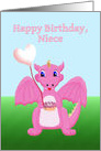 Happy Birthday Niece, Cute Pink Baby Dragon, Balloons and Cake card