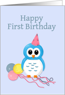 Happy First Birthday Sweet Cartoon Blue Owl card