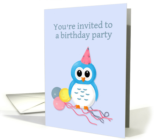 Child's Birthday Invitation with Cute Owl, Balloons and Streamers card