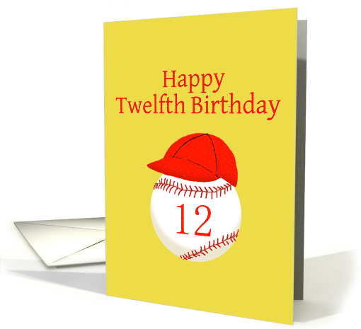 Twelfth Birthday, with Softball Baseball Red Cap, Gold Background card