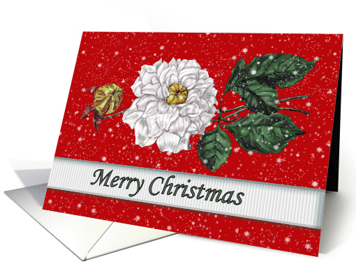 Merry Christmas White Blossom on Red with snow card (1102500)