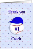 Thank you #1 Coach, Blue Softball baseball and Cap card