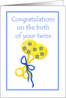 Congratulations on Birth of Twins, yellow rattles card