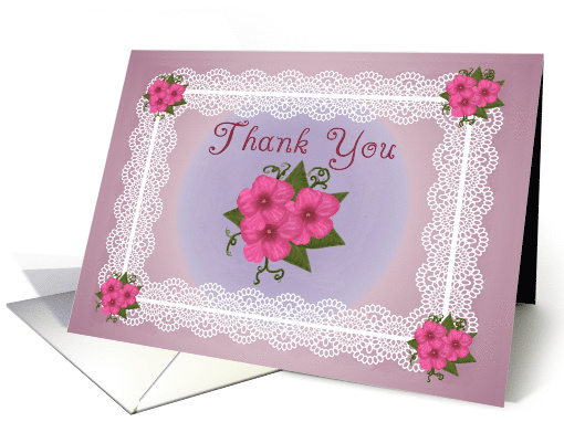 Thank You, Feminine Pink Flowers and Faux Lace card (584821)