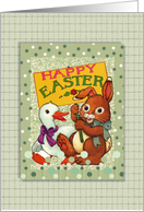 Happy Easter, Bunny Holding Sign with Duck, Vintage card