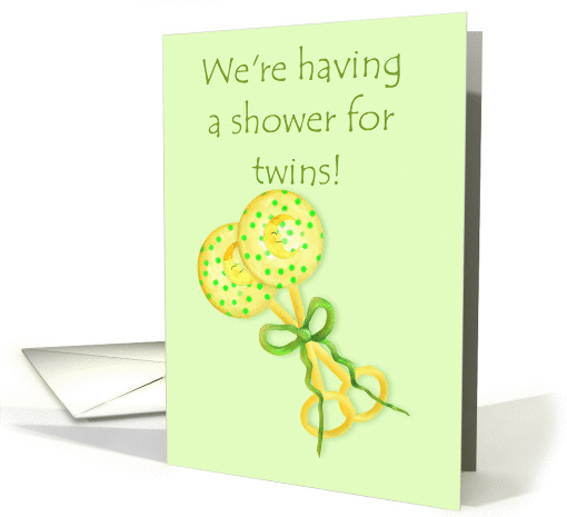 Baby shower invitation for twins, baby rattles with ribbon card