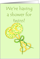 Baby shower invitation for twins, baby rattles with ribbon card