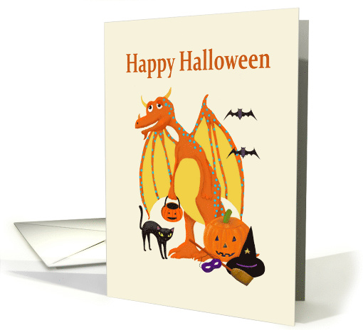 Happy Halloween, Winged Dragon with Mask and Jack-o-lantern card