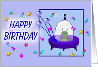 Happy Birthday, cartoon flying saucer/UFO card