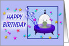 Happy Birthday, cartoon flying saucer/UFO card