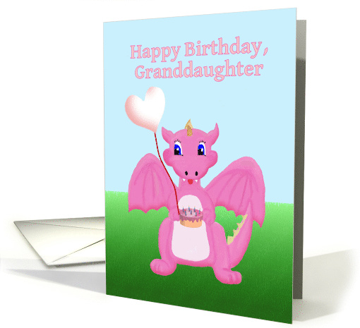 Happy Birthday Granddaughter, Pink Baby Dragon with Cake... (817500)