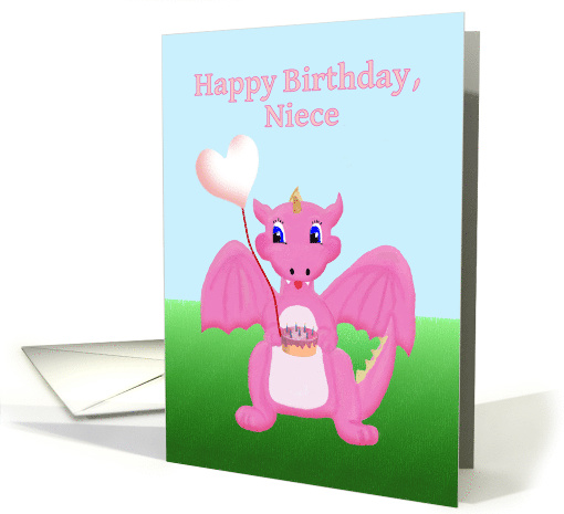 Happy Birthday Niece, Cute Pink Baby Dragon, Balloons and Cake card
