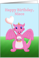 Happy Birthday Niece, Cute Pink Baby Dragon, Balloons and Cake card
