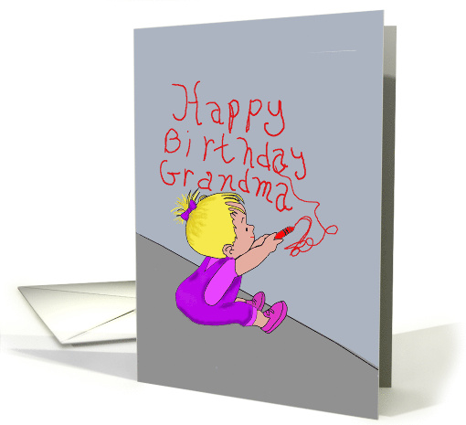 Happy Birthday Grandma Little Girl Writes on Wall card (982063)