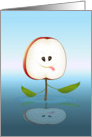 Juicy apple cut face with green leaves and the worm in its mouth, reflected in water - cartoon illustration. Looks fresh, healthy and funny. card