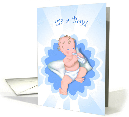 It's a Boy! Baby boy sitting on pillow with bottle of milk... (450951)