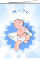 It’s a Boy! Baby boy sitting on pillow with bottle of milk digital illustration. card