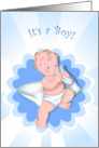 It’s a Boy! Baby boy sitting on pillow with bottle of milk digital illustration. card